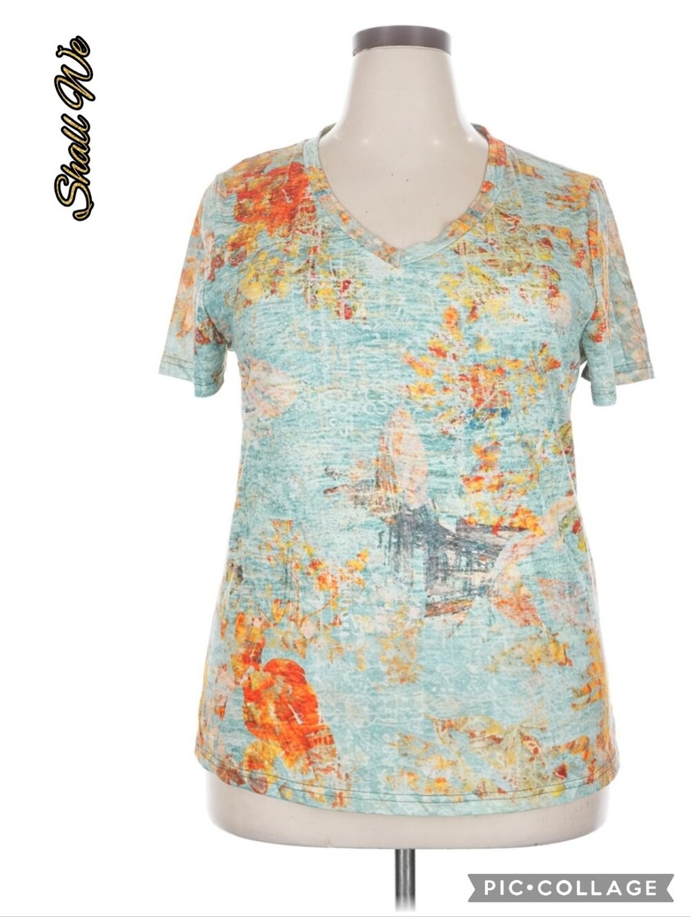 Shall We women’s colorful abstract short sleeve v-neck top,  soft feel. XXL, NWT